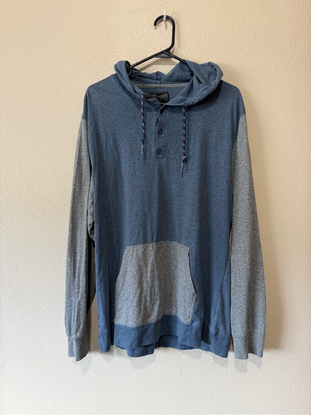 Retrofit Two-Tone Blue and Gray Hooded Henley Pullover